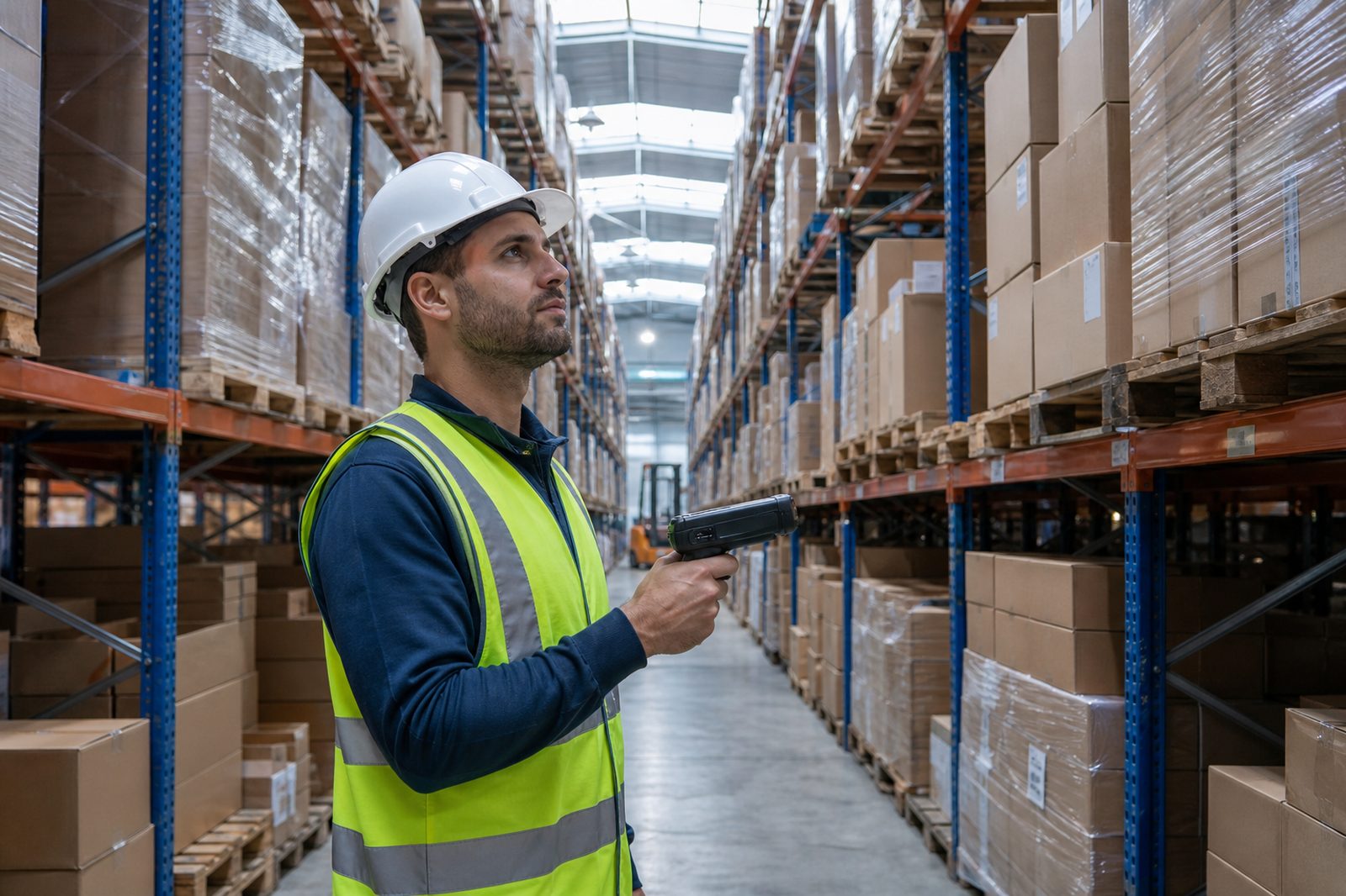 Warehouse operator scanning inventory with a handheld device in a racking aisle